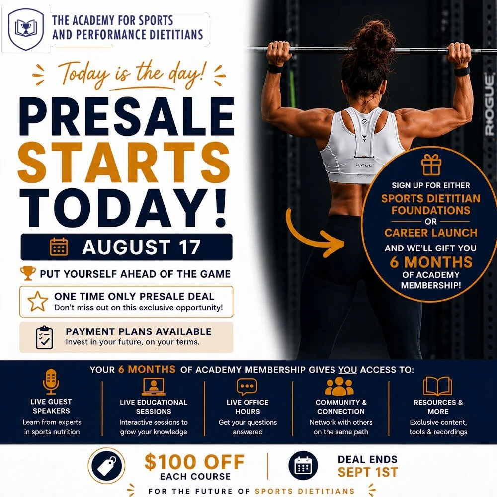 🚨 PRESALE IS LIVE! 🚨

Today&rsquo;s the day! 🎉

Our official pre-launch is here, and for a limited time you can enroll in Sports Dietitian Foundations or Career Launch before we officially launch on September 1st 🚀

When you enroll during presale