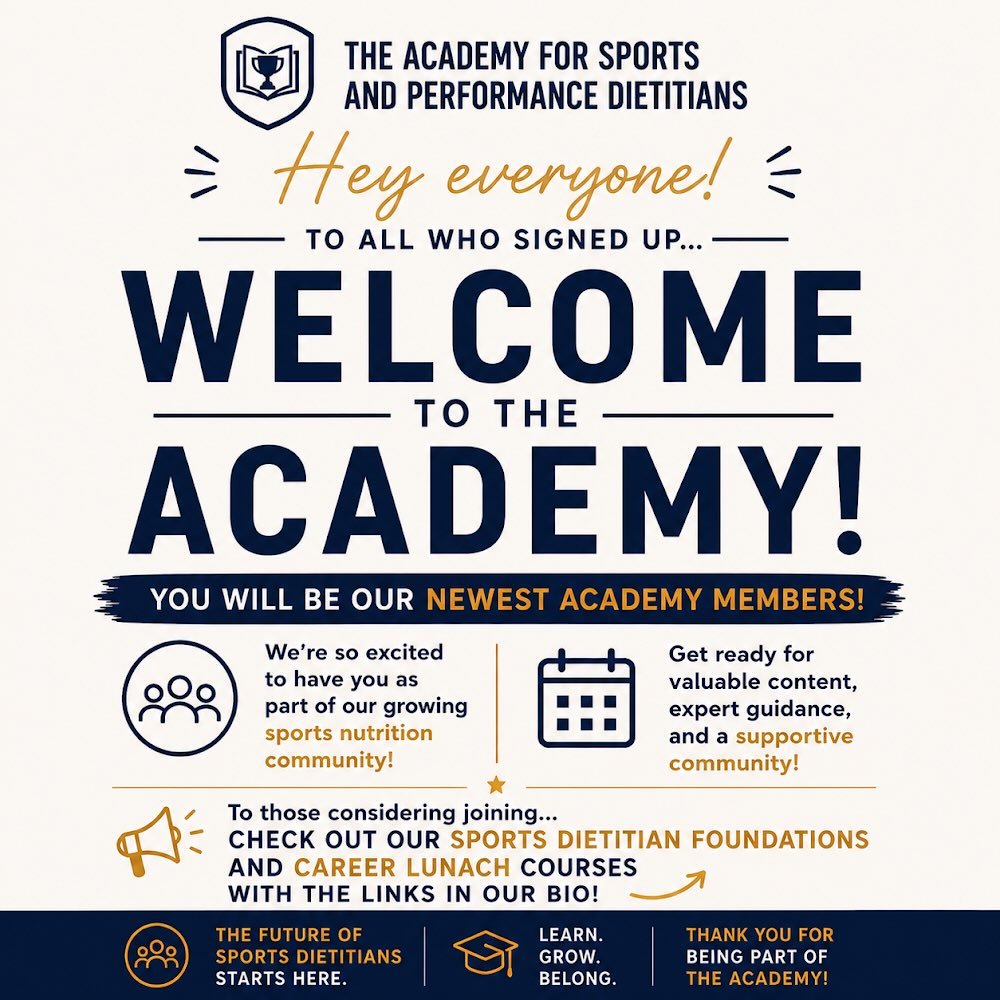 WELCOME TO THE ACADEMY 🎉

A big welcome to our newest Academy members 👋🏼

You&rsquo;re officially on your way to building your knowledge, confidence and career in sports nutrition 💪🏼

We&rsquo;re so excited to have you here and can&rsquo;t wait 