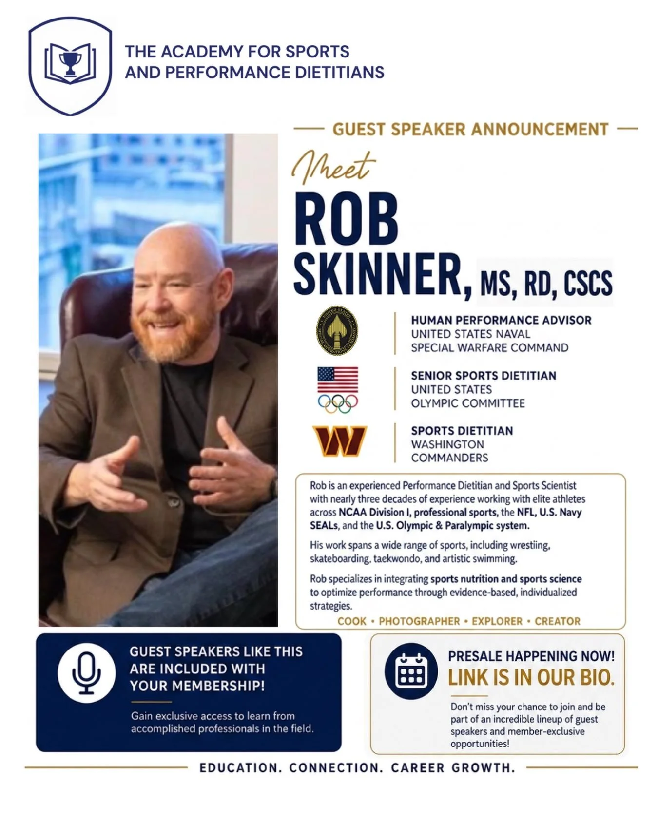 🎤 GUEST SPEAKER ANNOUNCEMENT | Rob Skinner, MS, RD, CSCS

We&rsquo;re so excited to welcome Rob Skinner, MS, RD, CSCS as one of our guest speakers for The Academy For Sports And Performance Dietitians 👏

Rob is an experienced Performance Dietitian 