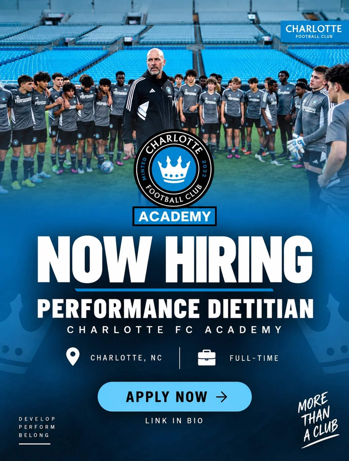 ⚽️ NOW HIRING!

Charlotte FC Academy is looking for a Performance Dietitian to join their team in Charlotte, NC 👏

This is an opportunity to work directly with developing soccer athletes and support performance through fueling, recovery, hydration, 