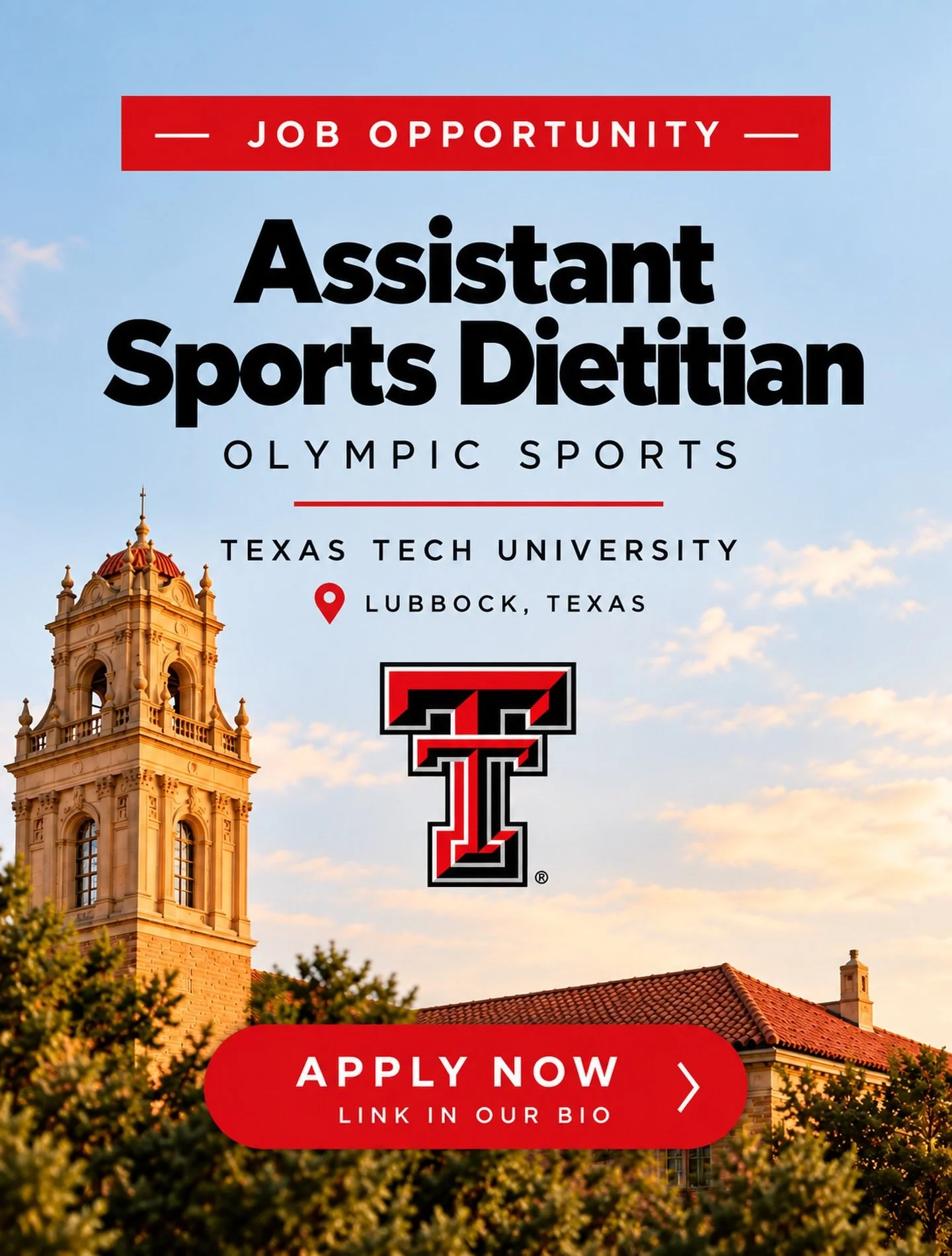 🚨 JOB OPPORTUNITY 

Assistant Sports Dietitian &ndash; Olympic Sports
📍 Texas Tech University | Lubbock, TX

Texas Tech University is hiring an Assistant Sports Dietitian to join their Sports Nutrition Department and support Olympic sport student-a