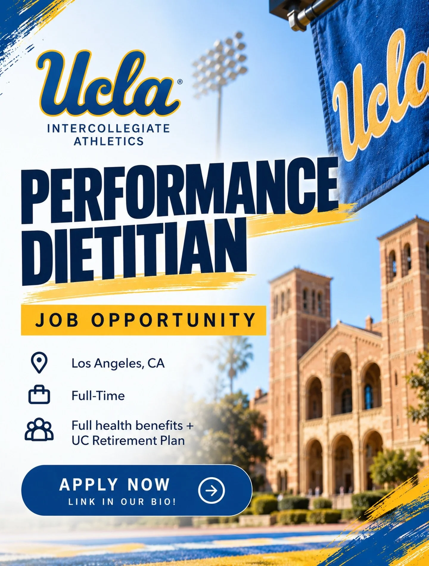 🚨 JOB OPPORTUNITY

Performance Dietitian
📍 UCLA Intercollegiate Athletics | Los Angeles, CA

UCLA Intercollegiate Athletics is hiring a Performance Dietitian to support student-athletes and performance nutrition across their athletic program! 🏆🍉
