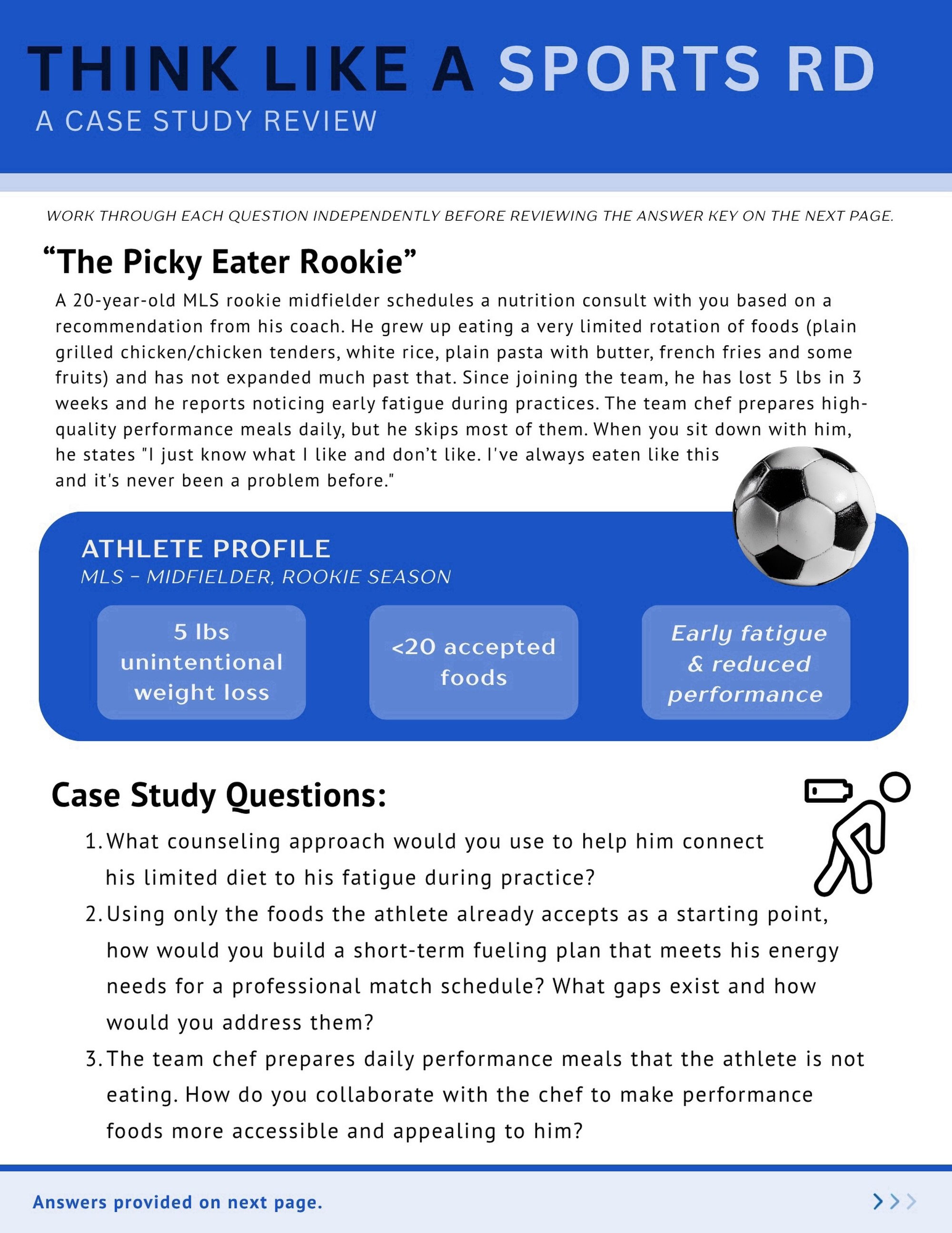 🧠 THINK LIKE A SPORTS RD

Let&rsquo;s put your sports nutrition skills to the test 💪

Meet &ldquo;The Picky Eater Rookie&rdquo; a 20-year-old MLS midfielder who has:
⚽️ Lost 5 lbs unintentionally in 3 weeks
🍗 Eats fewer than 20 foods
😴 Is experie
