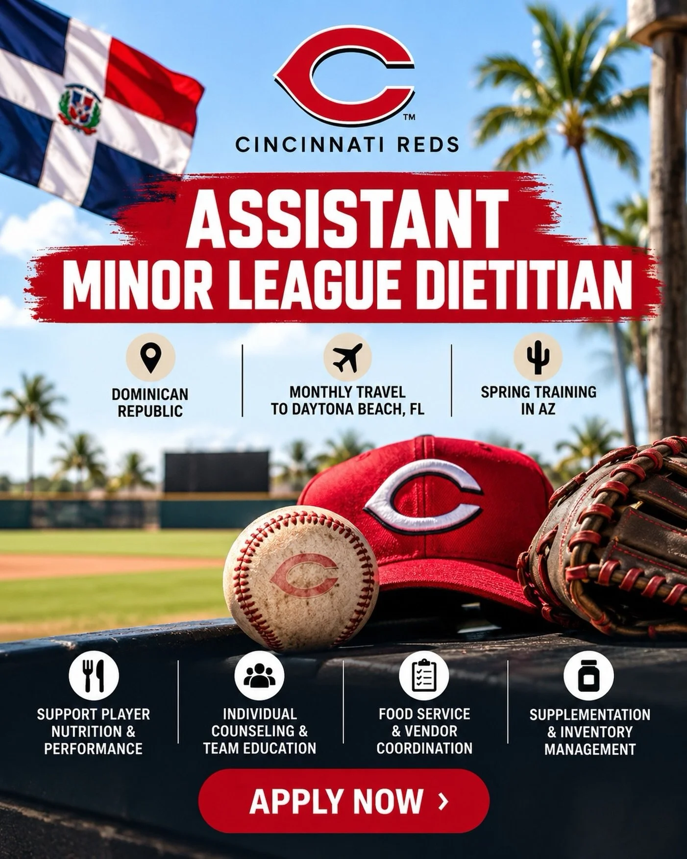 🚨 JOB OPPORTUNITY!

The Cincinnati Reds are hiring an Assistant Minor League Dietitian based in the Dominican Republic 🇩🇴

This role is a great opportunity for an RD with 1&ndash;2+ years of performance nutrition experience who is looking to work 