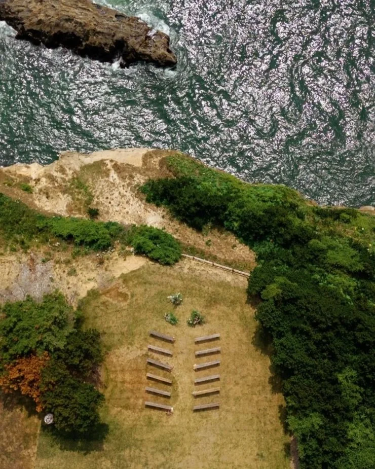 Aerial view of a coastal area with benches arranged in rows on a grassy lawn, surrounded by trees, and a cliff overlooking the ocean with waves.