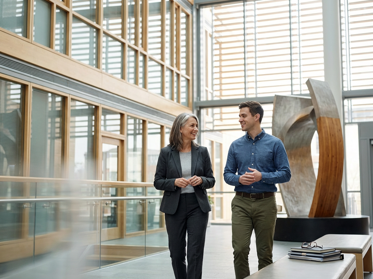 Two people, a woman and a man, are walking and talking in a modern office or lobby area with large glass windows and wooden accents.