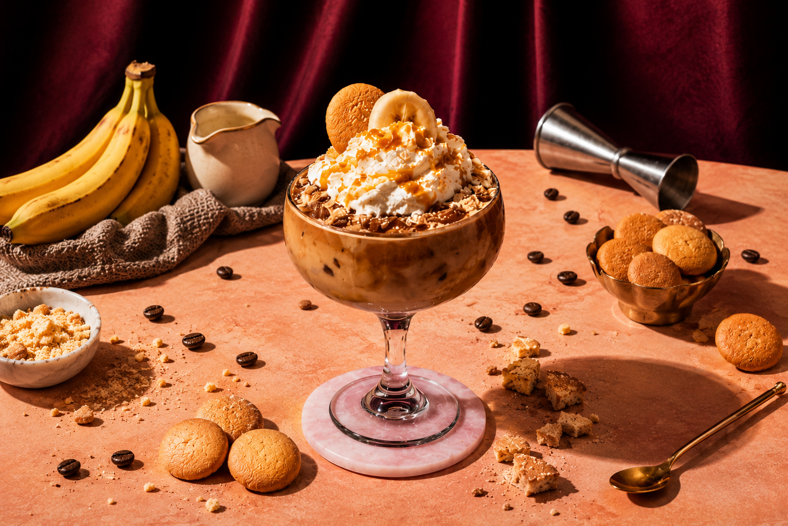 A dessert in a glass bowl topped with whipped cream, caramel sauce, cookies, and a banana slice, surrounded by cookies, coffee beans, a small bowl of cookies, a scoop of cookie crumbs, coffee beans scattered, and a jigger on a pink surface with a dark red backdrop.