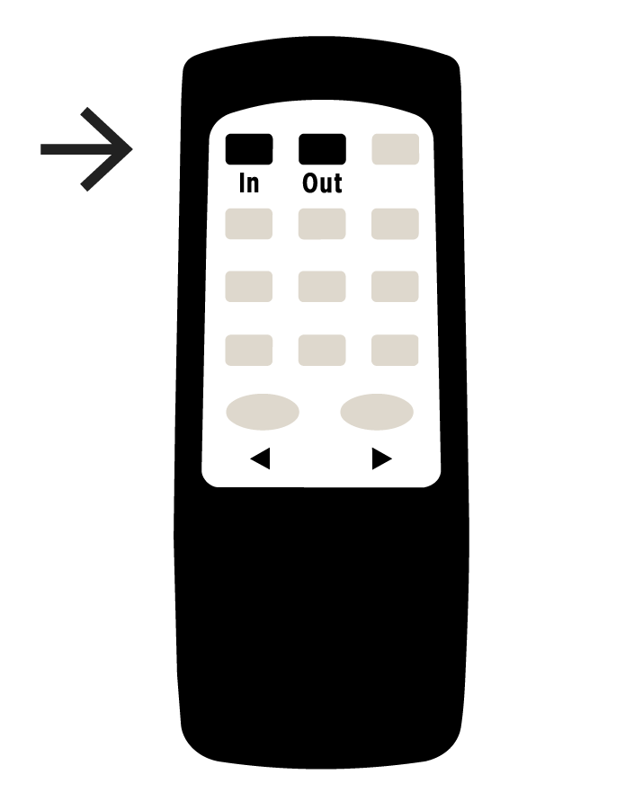 Living room Tv remote highlighting the in and out buttons
