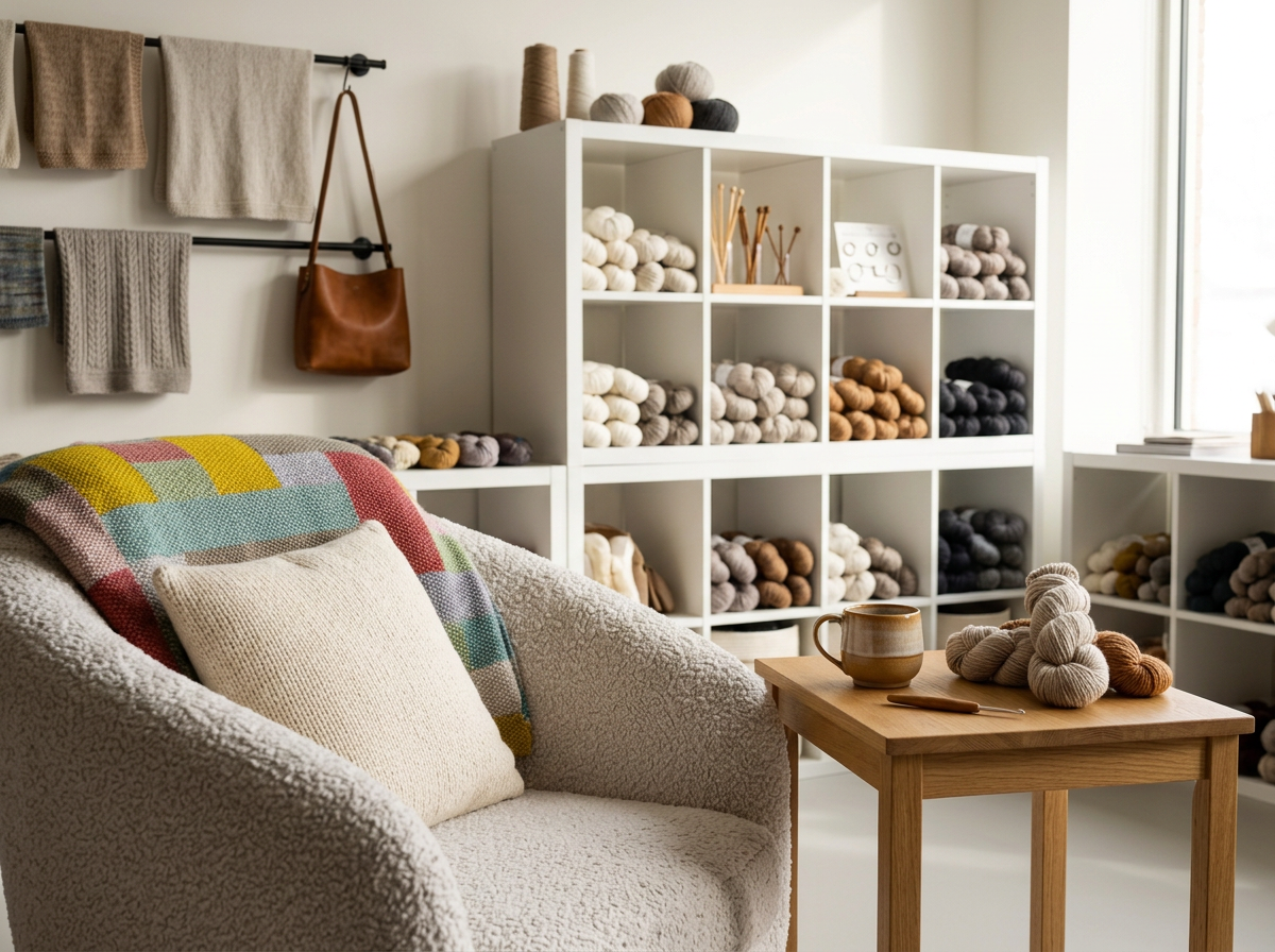 A cozy knitting or craft room with a white armchair with a beige pillow and multicolored blanket, a small wooden table with balls of yarn and a mug, and a white grid shelf filled with neatly arranged balls of yarn in various colors.