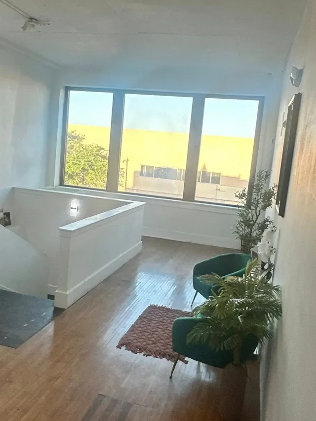 Interior view of a bright living room with large window, green chairs, potted plants, and a small rug on wooden floor.