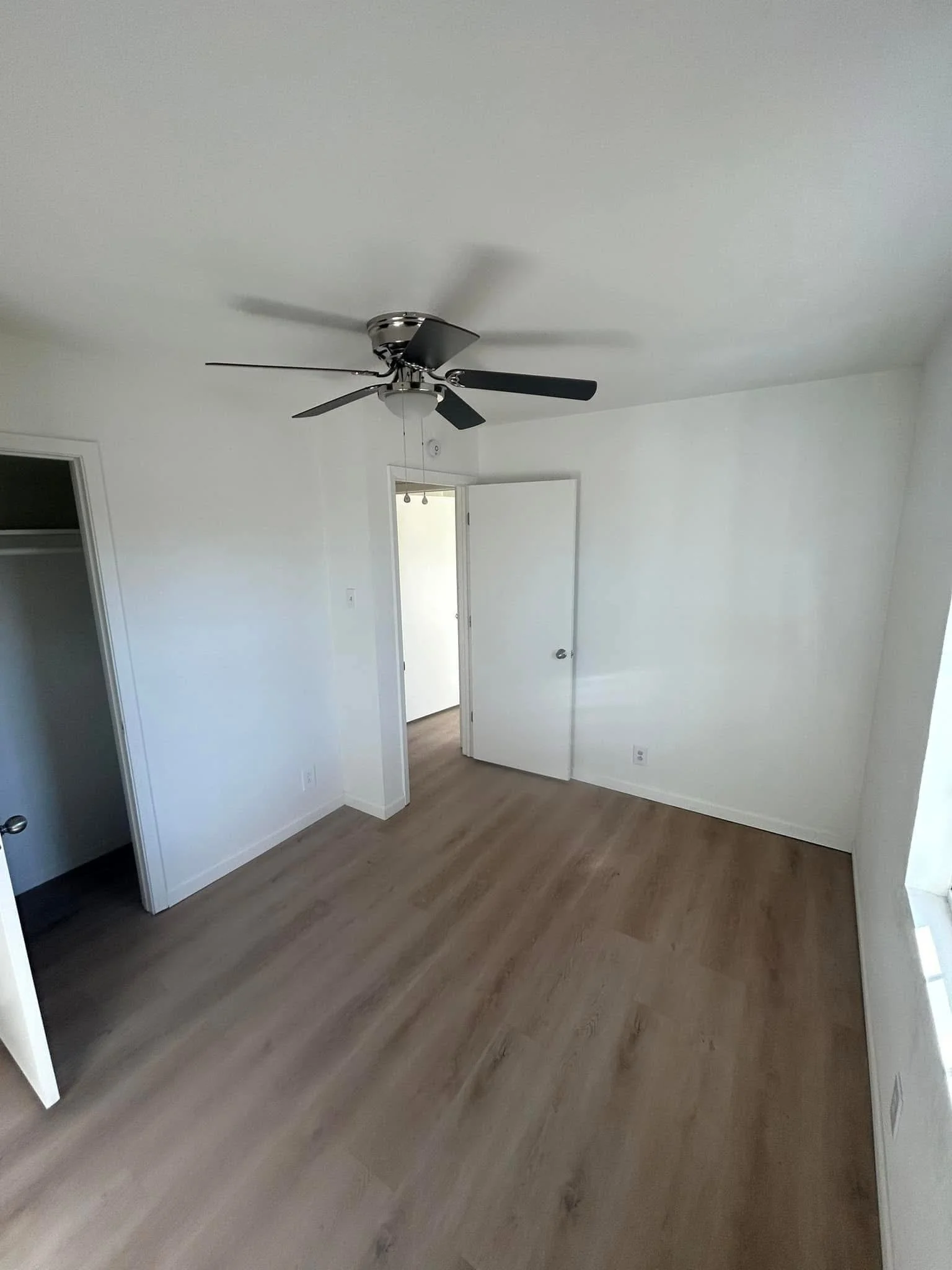 Empty room with white walls, wood laminate flooring, a ceiling fan with dark blades, a door open to a hallway, and an open closet door.