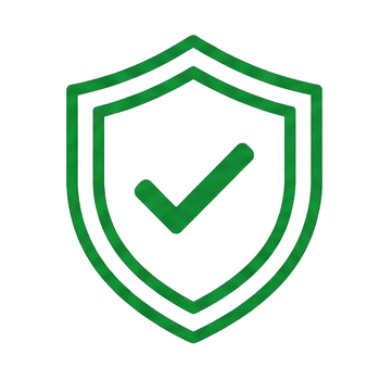 Green shield with a check mark in the center.