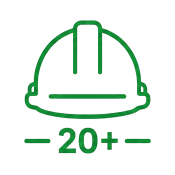 Green line drawing of a construction hard hat with the number "20+" underneath.