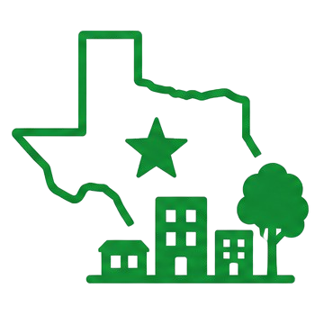 Green outline of the state of Texas with a star in the middle, a tree, and several buildings.