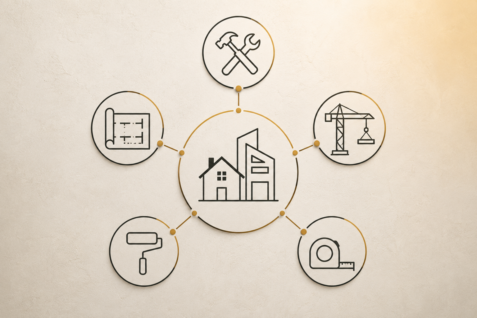 House and building icons connected by lines with construction, blueprint, tools, tape measure, paint roller, and crane icons surrounding them, illustrating home construction or renovation concepts.