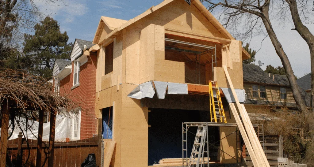 A two-story house under construction with plywood walls and an orange ladder leaning against it, surrounded by trees and neighboring houses.