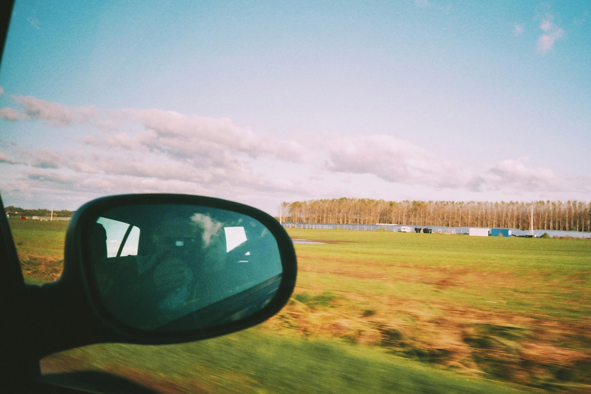 A view from inside a vehicle showing a side mirror reflecting a row of trees and a distant blue sky with clouds, as the vehicle drives past a grassy field.