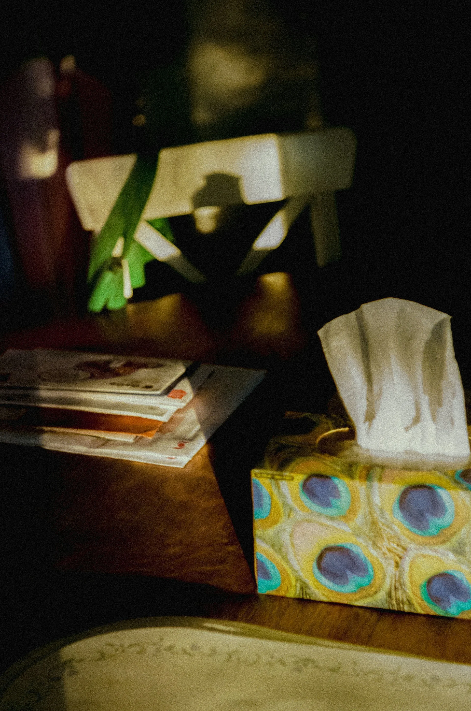 A cluttered table or shelf with various items including a stack of papers or magazines, a white tissue box with a colorful design, a paper bag with a peacock feather pattern, and a cardboard box with yellow and black braces, all in a dimly lit room.