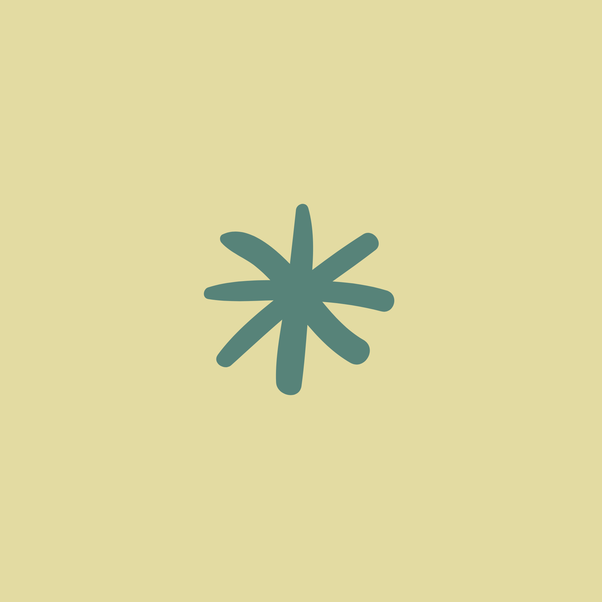 A stylized illustration of a plant with dark green leaves against a light beige background.