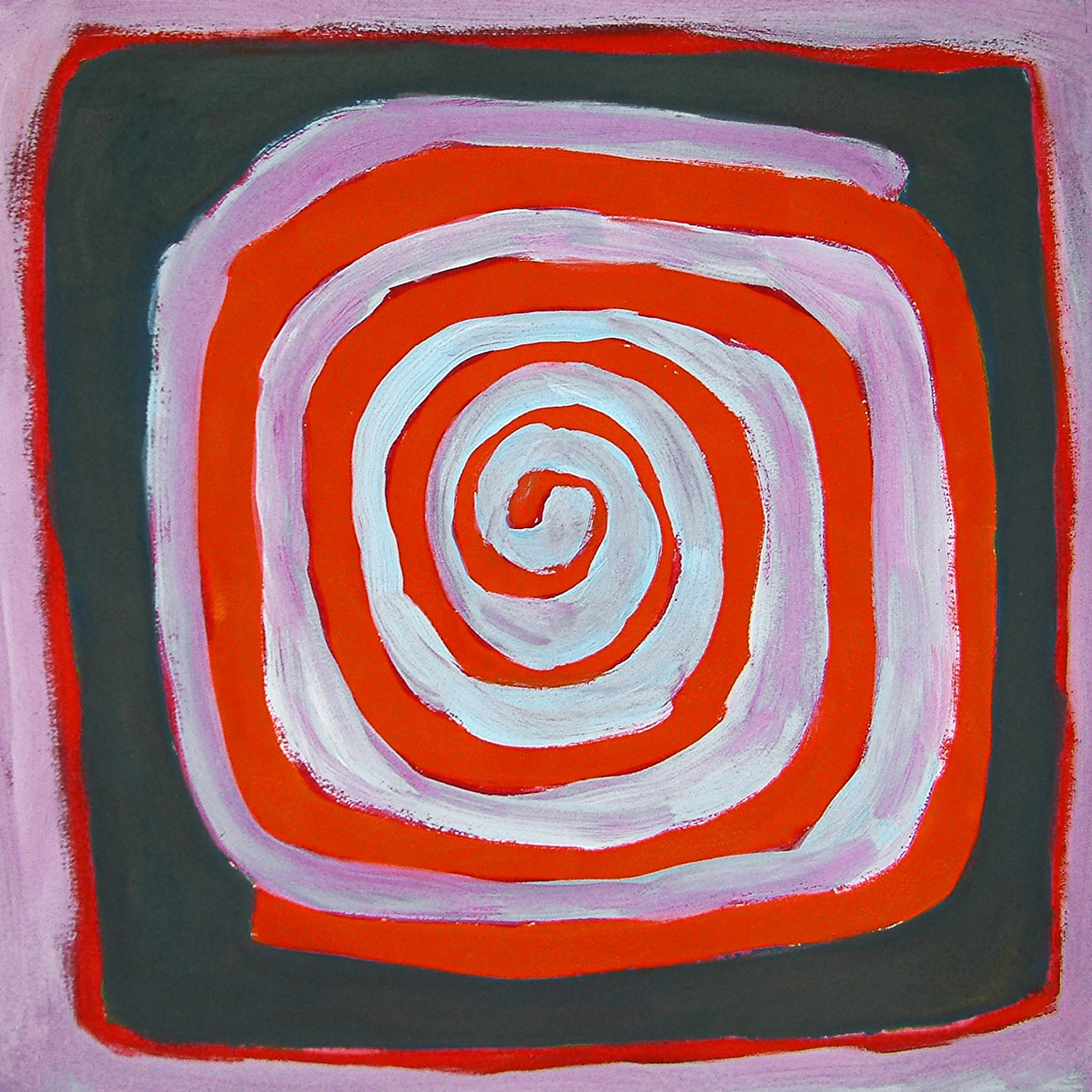 Abstract painting with concentric curved lines in red, pink, white, and black on a purple background.