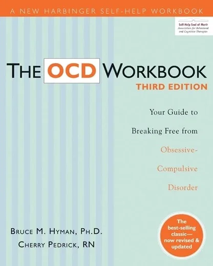 Cover of The OCD Workbook, Third Edition, by Bruce M. Hyman and Cherry Pedrick, featuring a light blue background with vertical stripes, an orange header, and an orange circular badge indicating it as the best-selling classic.