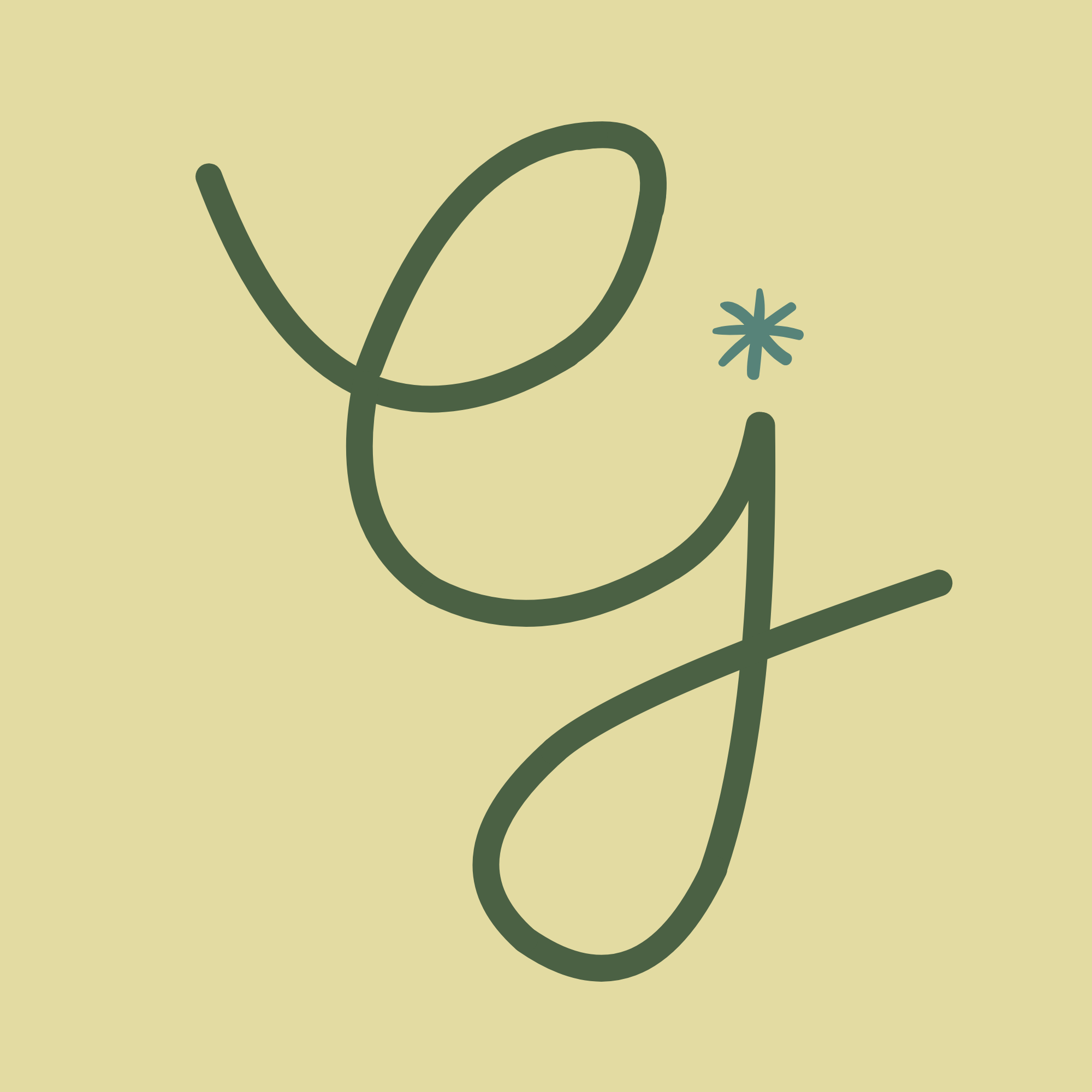 Minimalist line drawing of a plant with a flower in dark green on a light yellow background.