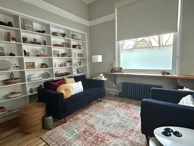 Living room with a black sofa, blue armchair, white bookshelf filled with decorative items, a large window with a roller blind, a radiator, and various decorative items on a window sill and bookshelf.