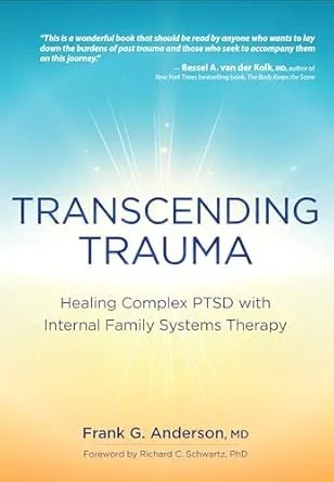 Book cover for 'Transcending Trauma: Healing Complex PTSD with Internal Family Systems Therapy' by Frank G. Anderson, MD, featuring a gradient background from blue to yellow with rays of light emanating from the center.
