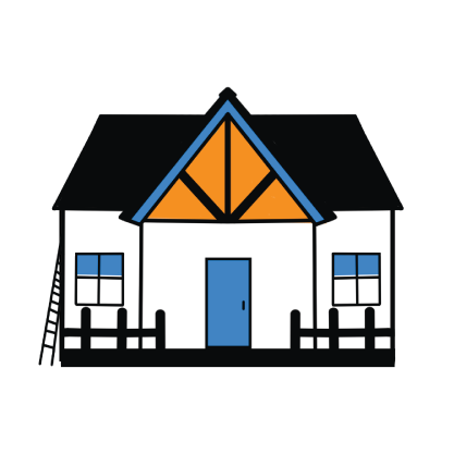 Simple illustration of a house with a black roof and white walls, featuring blue windows and a blue door, surrounded by a black picket fence.