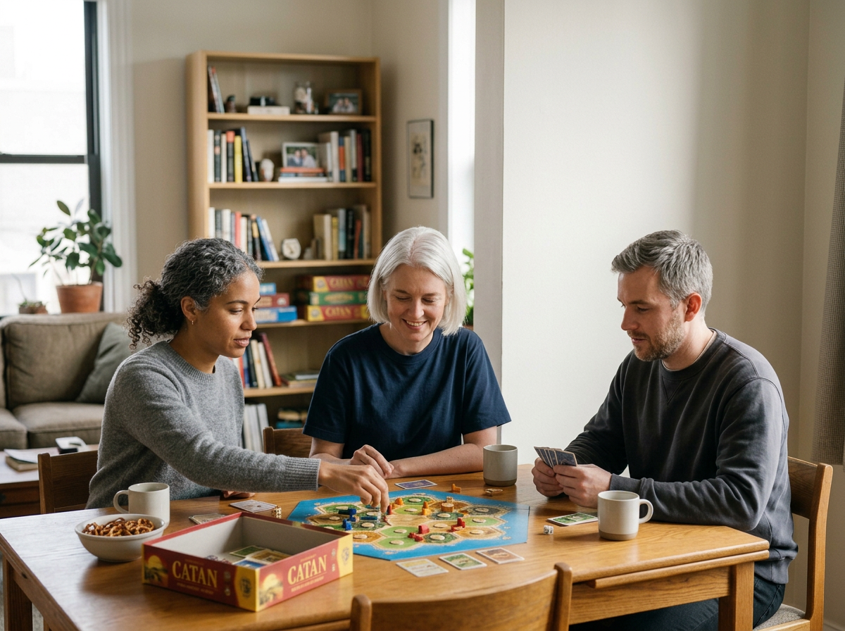Three adults playing Catan board game at a wooden table in a cozy living room with shelves, books, and houseplants.