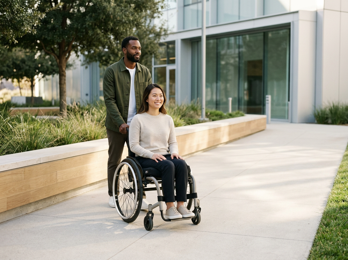 A woman in a wheelchair smiling, with a man standing behind her outdoors near a modern building and greenery.