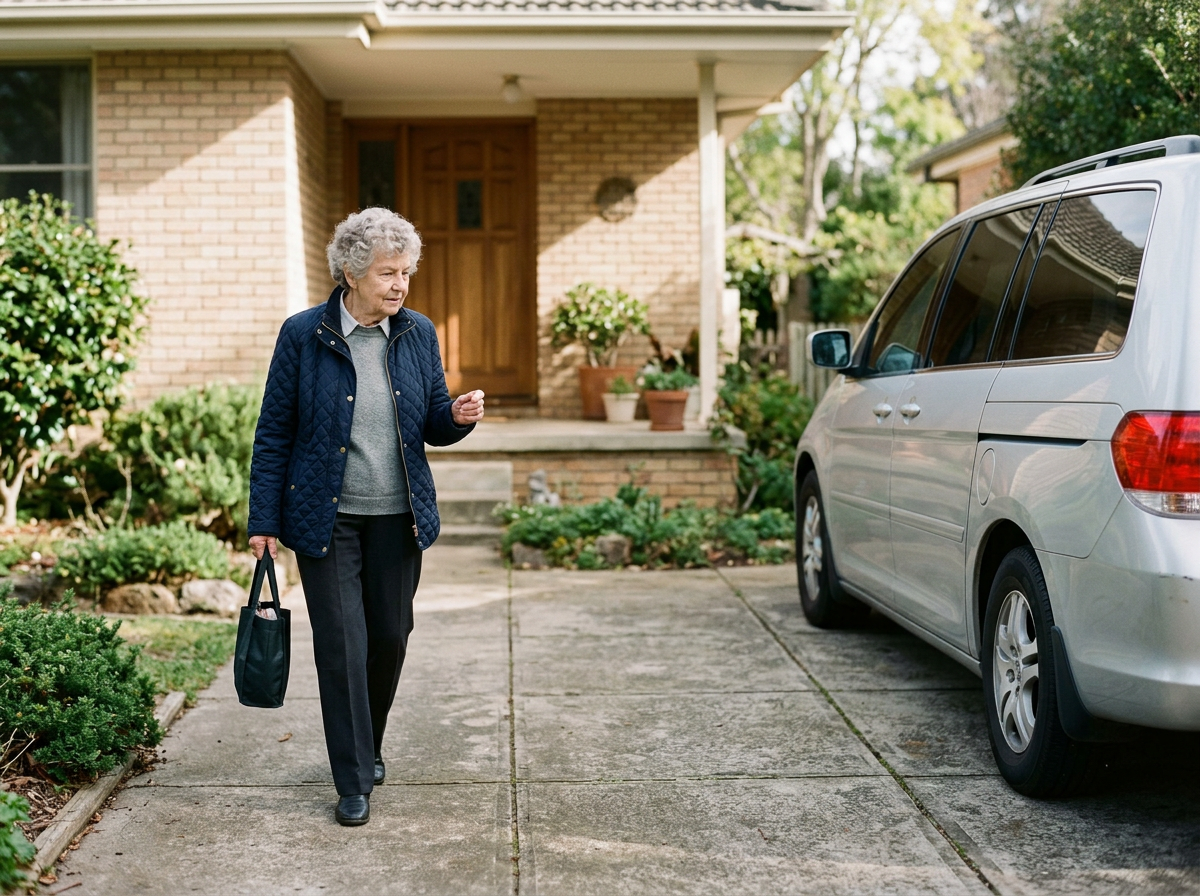 An elderly woman walking on a driveway carrying a black tote bag, approaching a silver minivan parked in front of a brick house with potted plants on the porch.