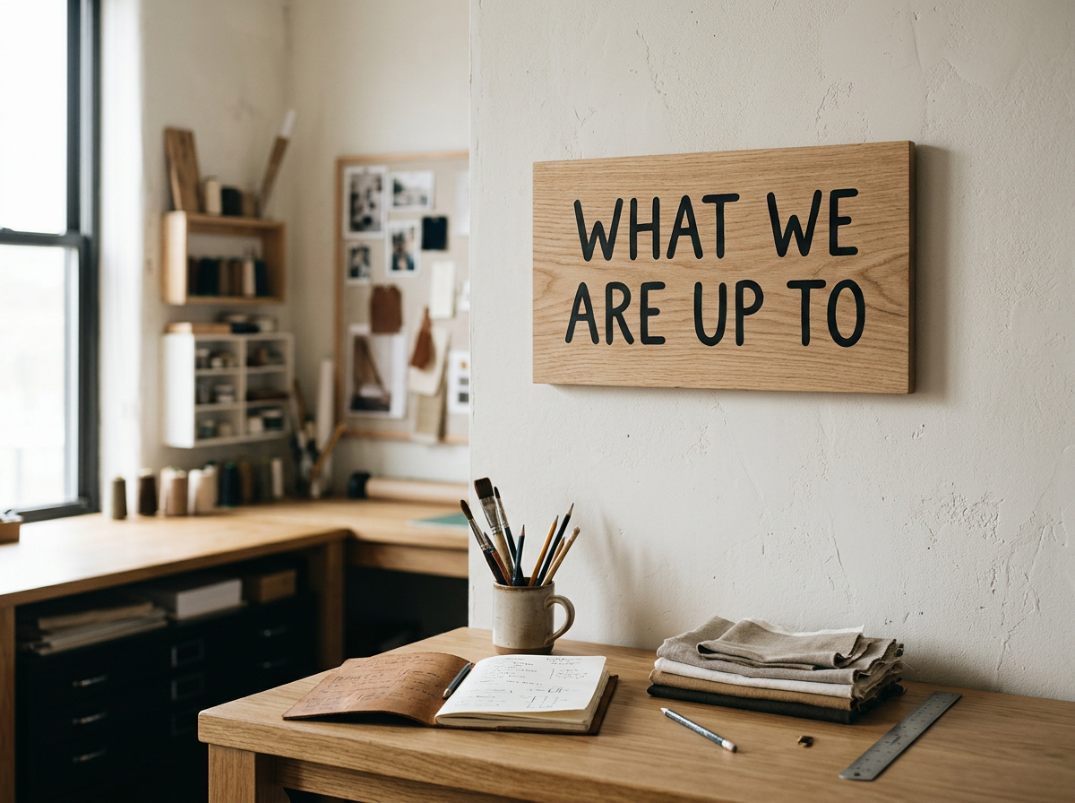 Interior of a creative workspace with a wooden desk, open notebook, pens, folded fabric, ruler, and a mug filled with brushes. A sign on the wall says 'What We Are Up To'.
