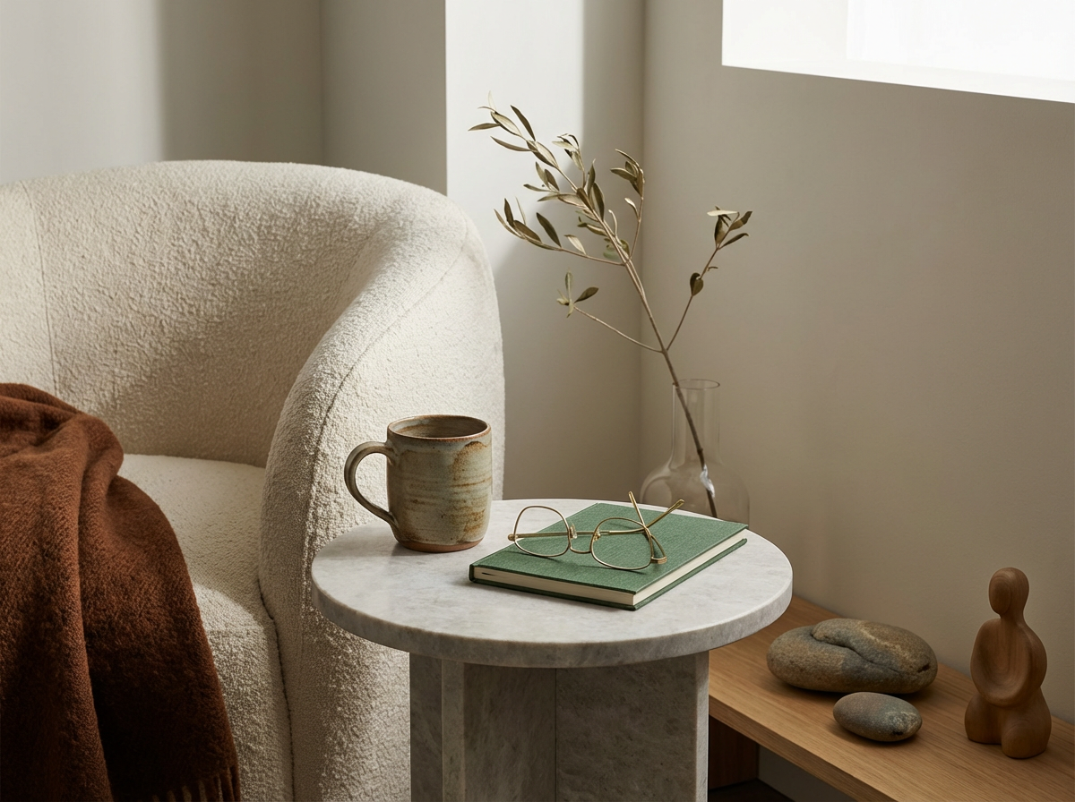 A cozy living room corner with a white textured armchair, a small round marble side table holding a ceramic mug, a pair of glasses, and a green notebook. Behind the table, there is a wooden shelf with stones, a wooden figurine, and a glass vase with a branch, next to a window letting in natural light.