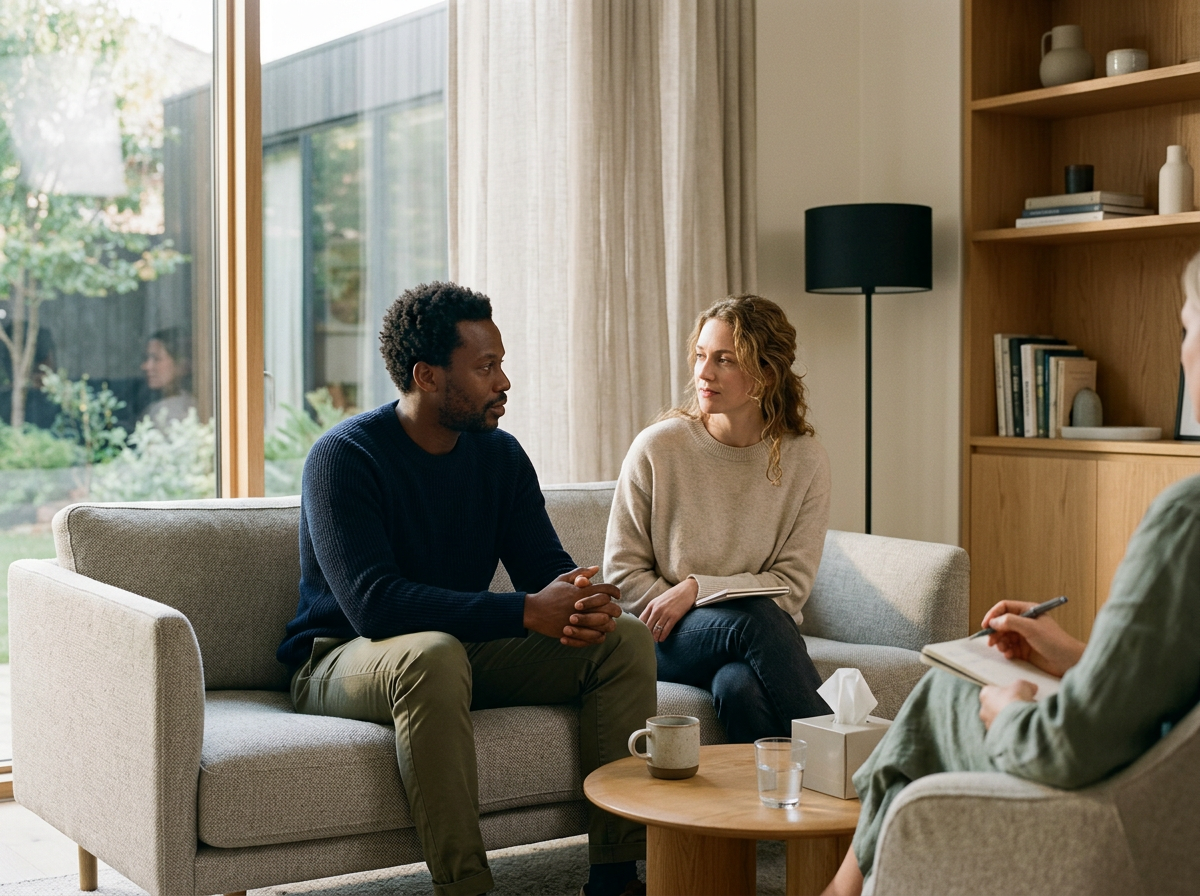 A man and woman engaged in a conversation during a therapy session or counseling in a cozy living room with natural light, a sofa, and a wooden bookshelf.
