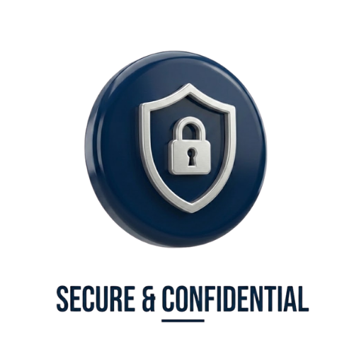 Blue circular icon with silver shield and lock symbol, with text "Secure & Confidential" underneath.