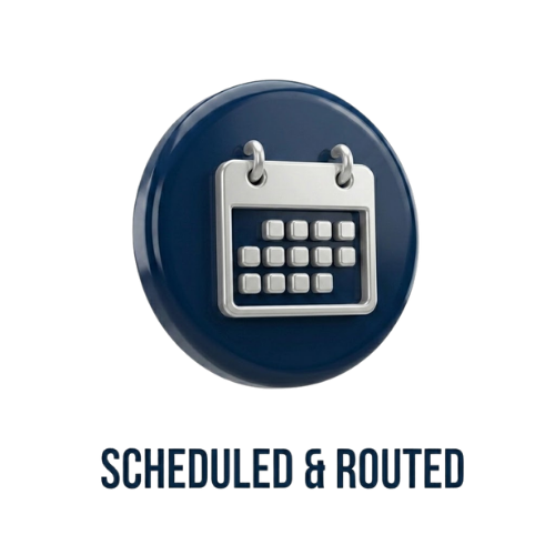 Icon of a calendar on a blue circular badge with the text 'Scheduled & Routed' below.