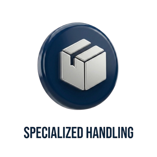 A circular button with a 3D geometric logo and the text "Specialized Handling" below it.