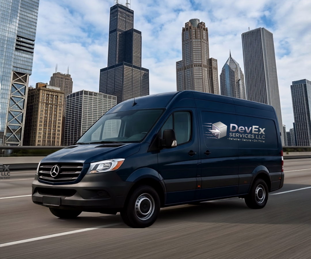 A black delivery van with the logo of DevEx Services LLC driving on a city highway with skyscrapers in the background.