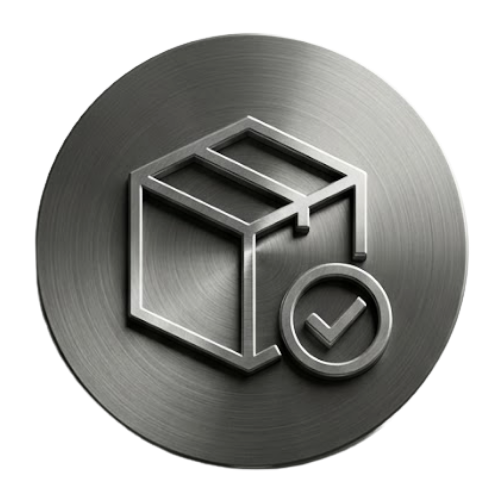 A metallic coin or medallion with an icon of a box with an arrow pointing downward into it and a checkmark in a circle