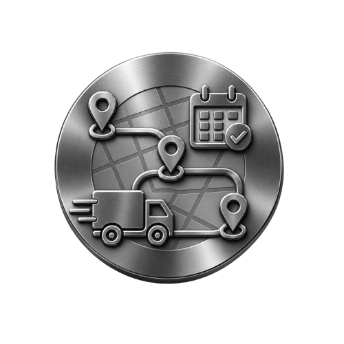 A silver circular emblem featuring a delivery truck, connected route map, three location markers, and a calendar with a checkmark, symbolizing delivery and scheduling.