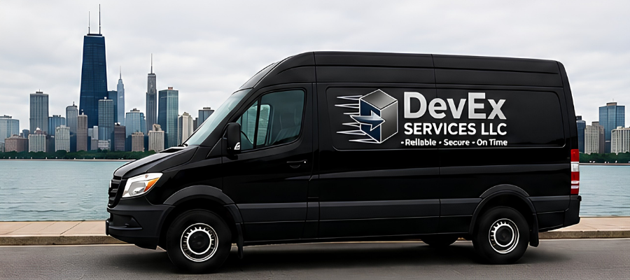 Black delivery van with DevEx Services LLC logo and slogan, parked along a waterfront with a city skyline in the background.