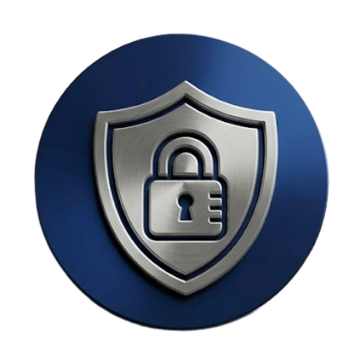 A circular icon featuring a silver shield with a lock symbol in the center, representing security or protection.