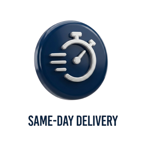 3D icon of a stopwatch with speed lines indicating quick movement, below it the text 'Same Day Delivery'.