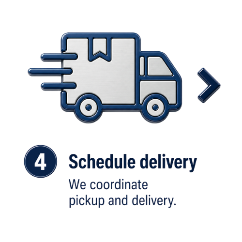 Icon of a delivery truck with a package and motion lines, indicating fast delivery, and text that reads 'Schedule delivery' with a step number 4.