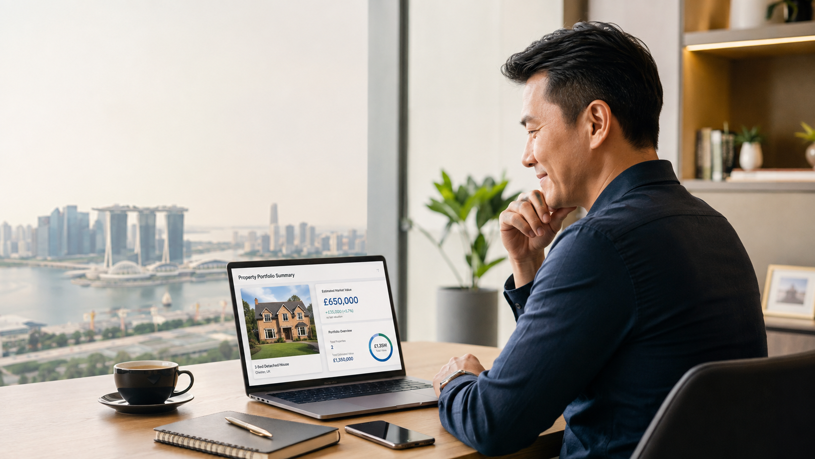 A man in a navy shirt sitting at a desk, looking at a laptop screen displaying a property portfolio summary with a house image, price, and sales data, near a window with a cityscape view.