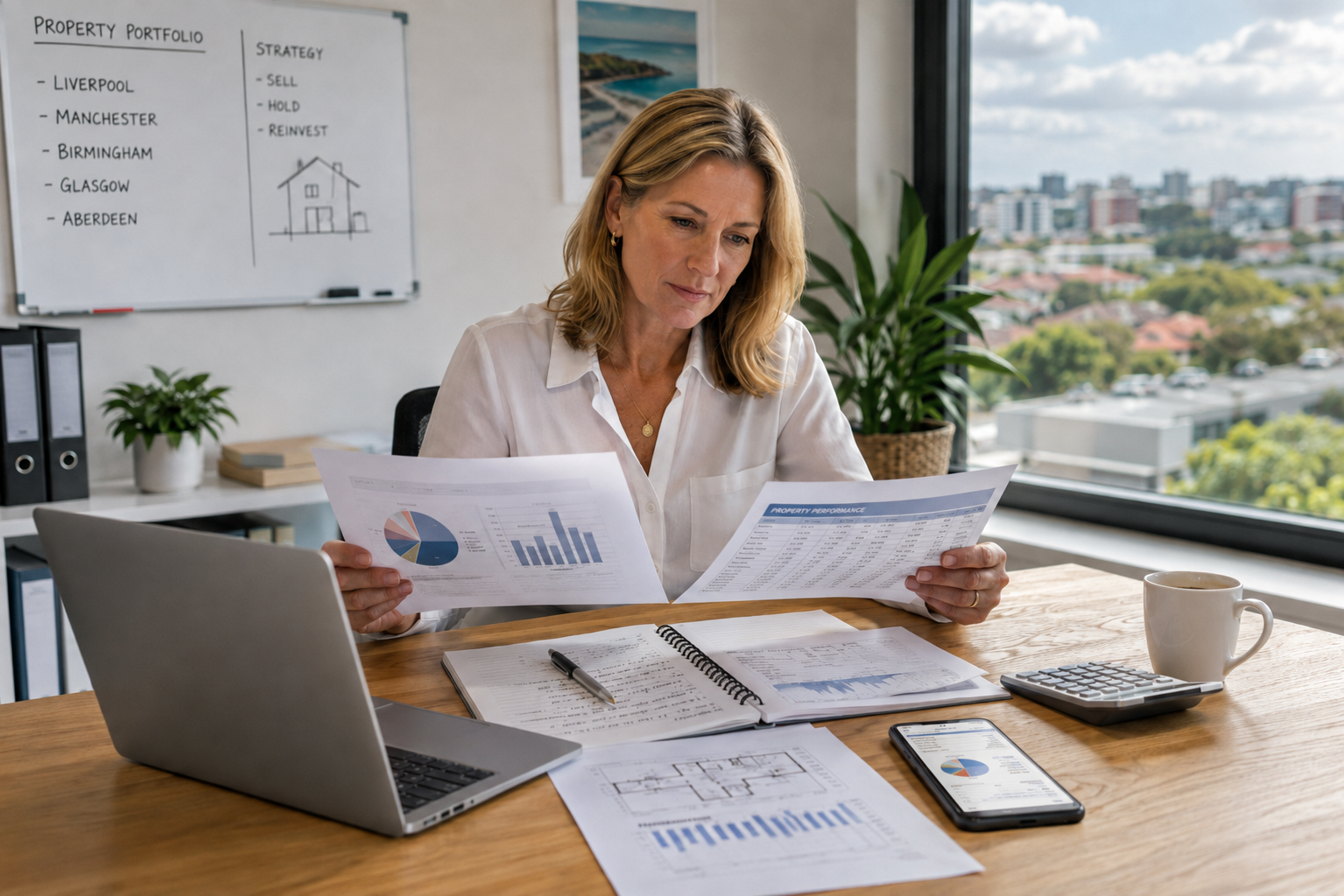 A woman sitting at a desk reviewing financial documents with graphs and charts, in a bright office with a large window showing cityscape views, a laptop, a smartphone, a calculator, and a cup.
