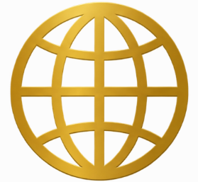 Gold globe icon with grid pattern of latitude and longitude lines.