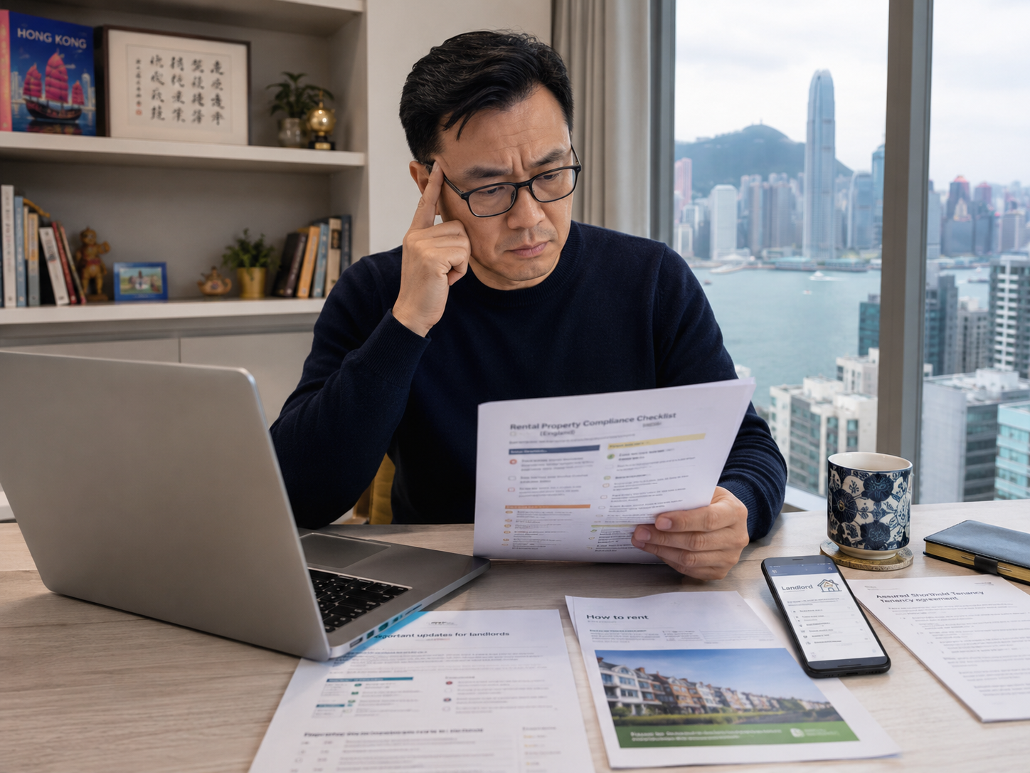 A man with glasses sitting at a desk in a high-rise apartment, looking at a document with a city skyline view in the background.