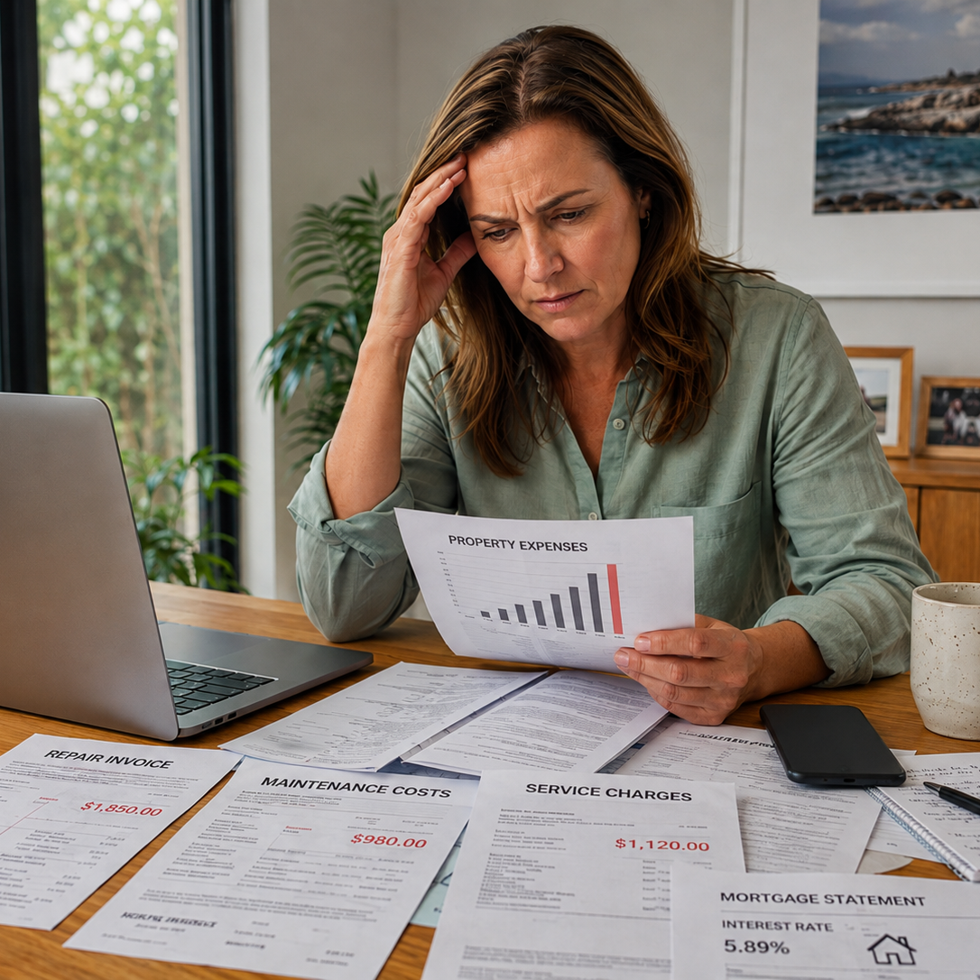 A frustrated woman sitting at a desk with financial documents, looking at a chart labeled 'Property Expenses,' with repair invoice, maintenance costs, service charges, and mortgage statement papers spread out.